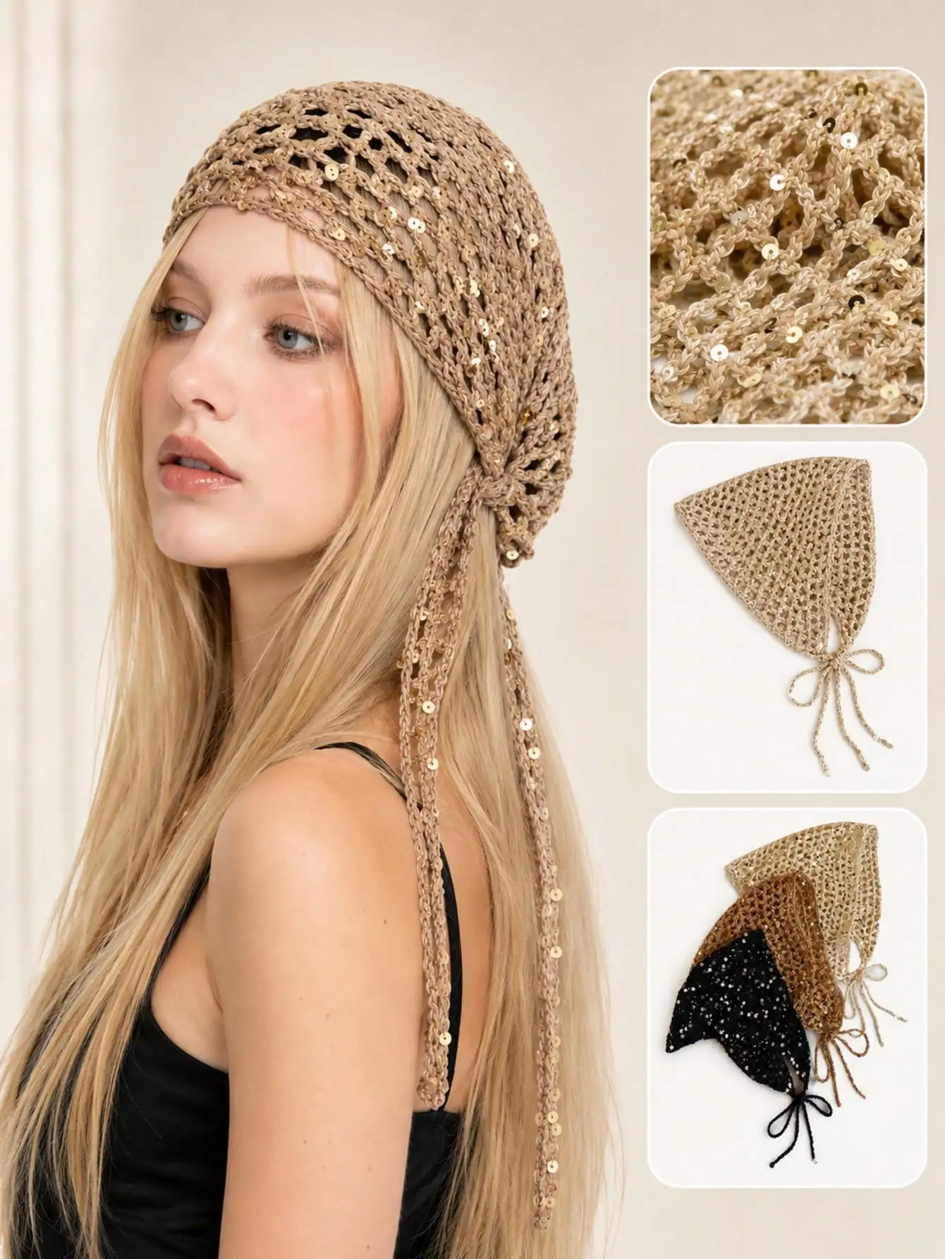 Women's Boho Sequin Crochet Headscarf Handmade Hollow Out Triangle Bandana Hat Beach Hair Cover Y2K Festival Vacation Head Wrap
