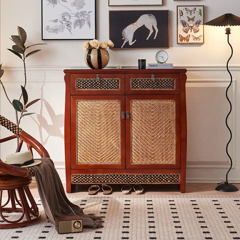 YJQ  Chinese rattan shoe cabinet solid wood living room home European double drawer double door three-layer shoe cabinet