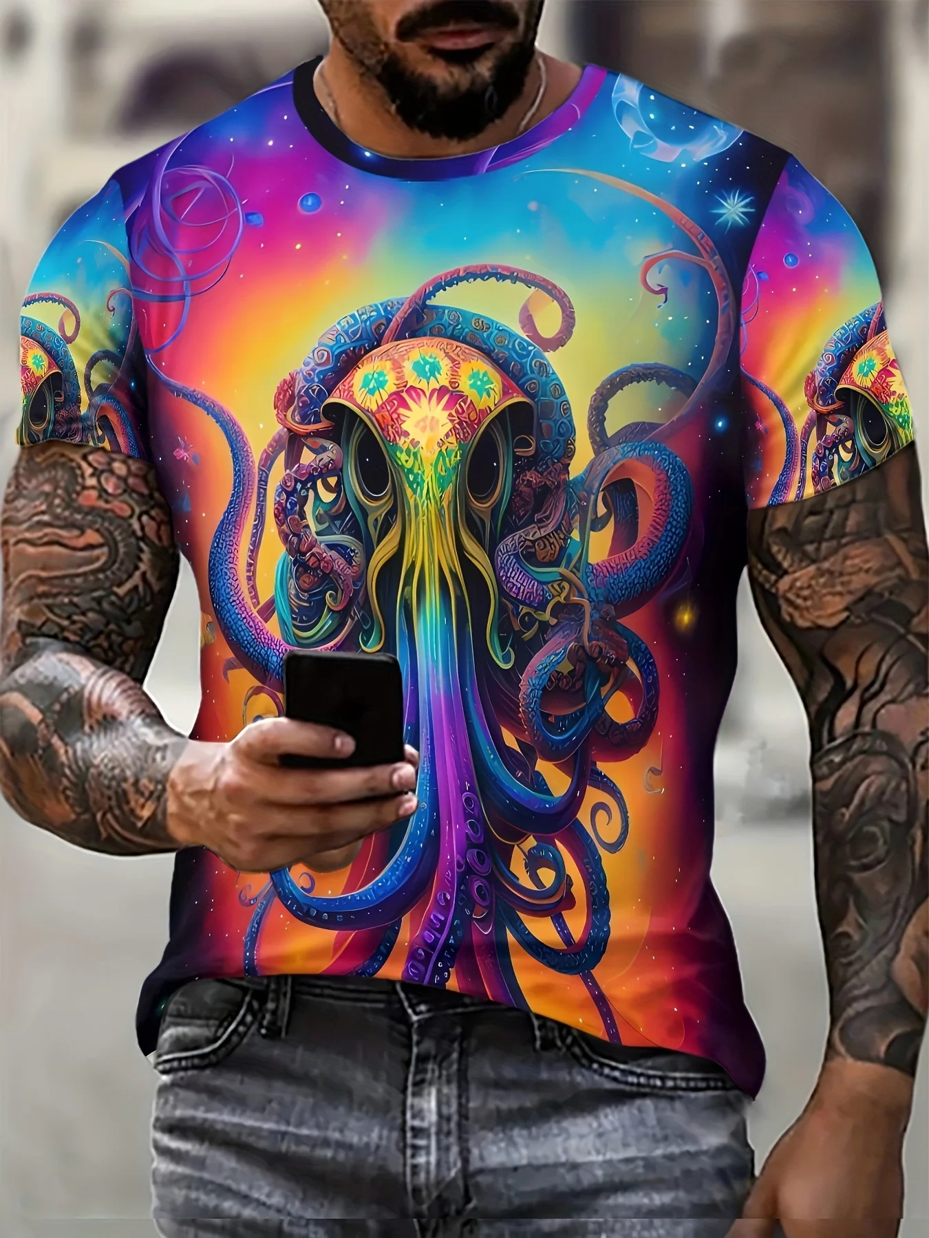 Men Psychedelic Rainbow Octopus Swirl Cosmic Star Gradient Galaxy Print Short Sleeve Crew Neck Casual T-shirt