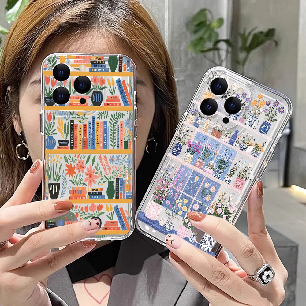 Creative Flowers Bookshelf Phone Case For Samsung A57 A07 A36 A26 A56 A16 A06 A55 A35 A25 A15 A05 A54 A34 A24 Clear Back Cover
