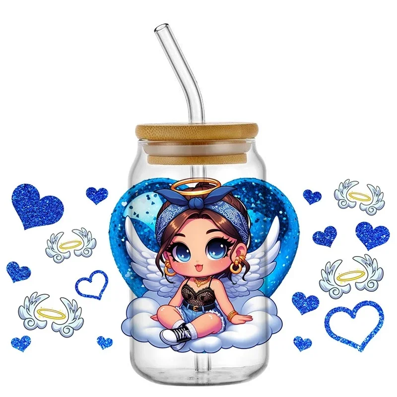 Coquette Cute Angel Baby Checkered Bow Glitter Heart UV DTF Wraps Waterproof Decals for 16oz Libbey Glass Can Tumbler DIY Craft
