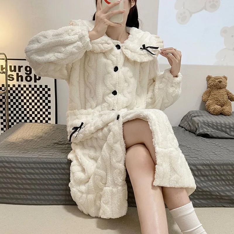 Princess Style Robes Women Sweet Thick 2022 Winter New Peter Pan Collar Young Kawaii Girls Simple Home Wear Soft Comfort Casual