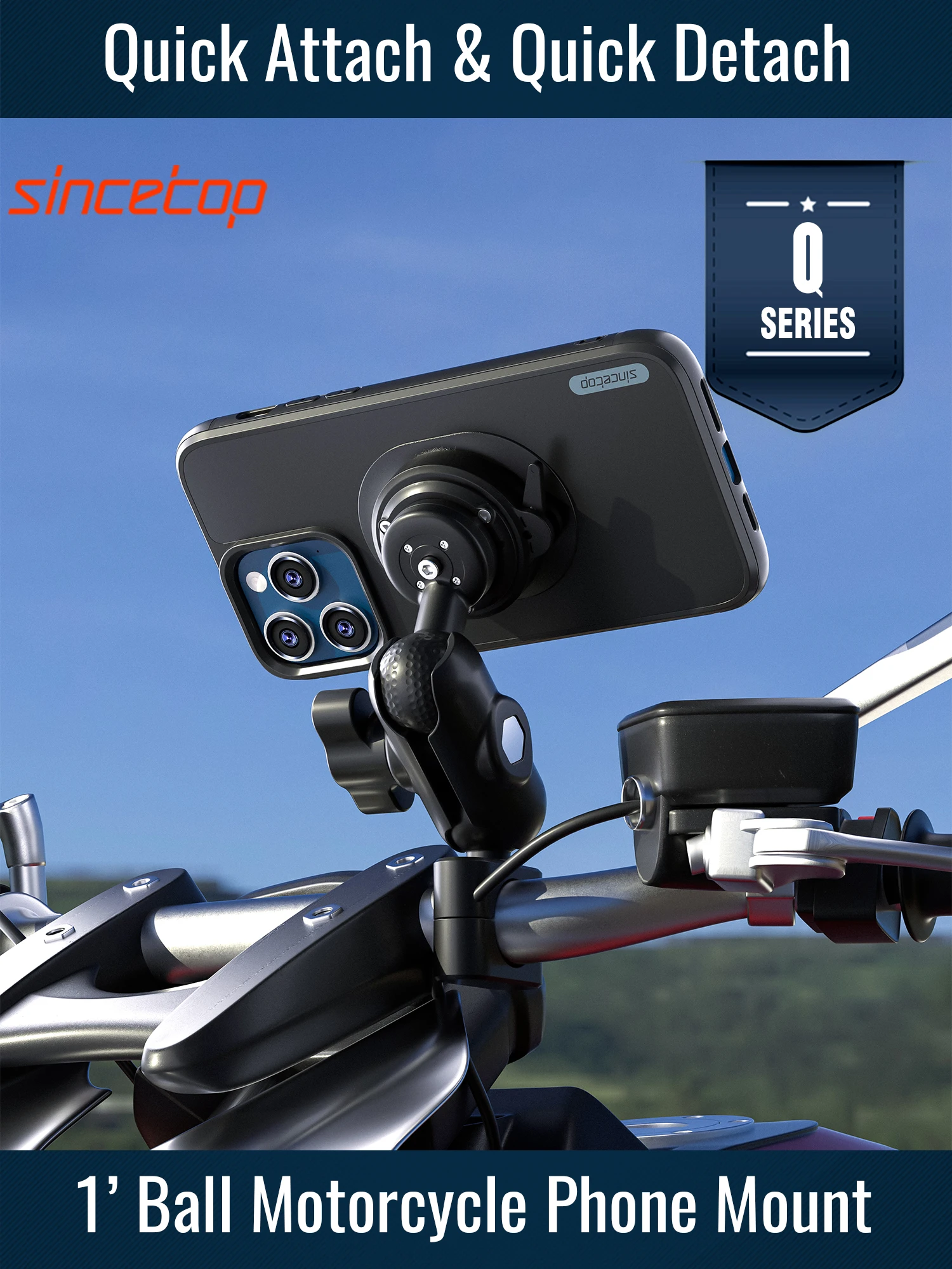 

Motorcycle 1 Inch (25.4mm)Ball Phone Holder,Moto Handlebar Socket Arm Quick Lock Mount Cell Stand Clamp Bracket-Series Q[Quad]