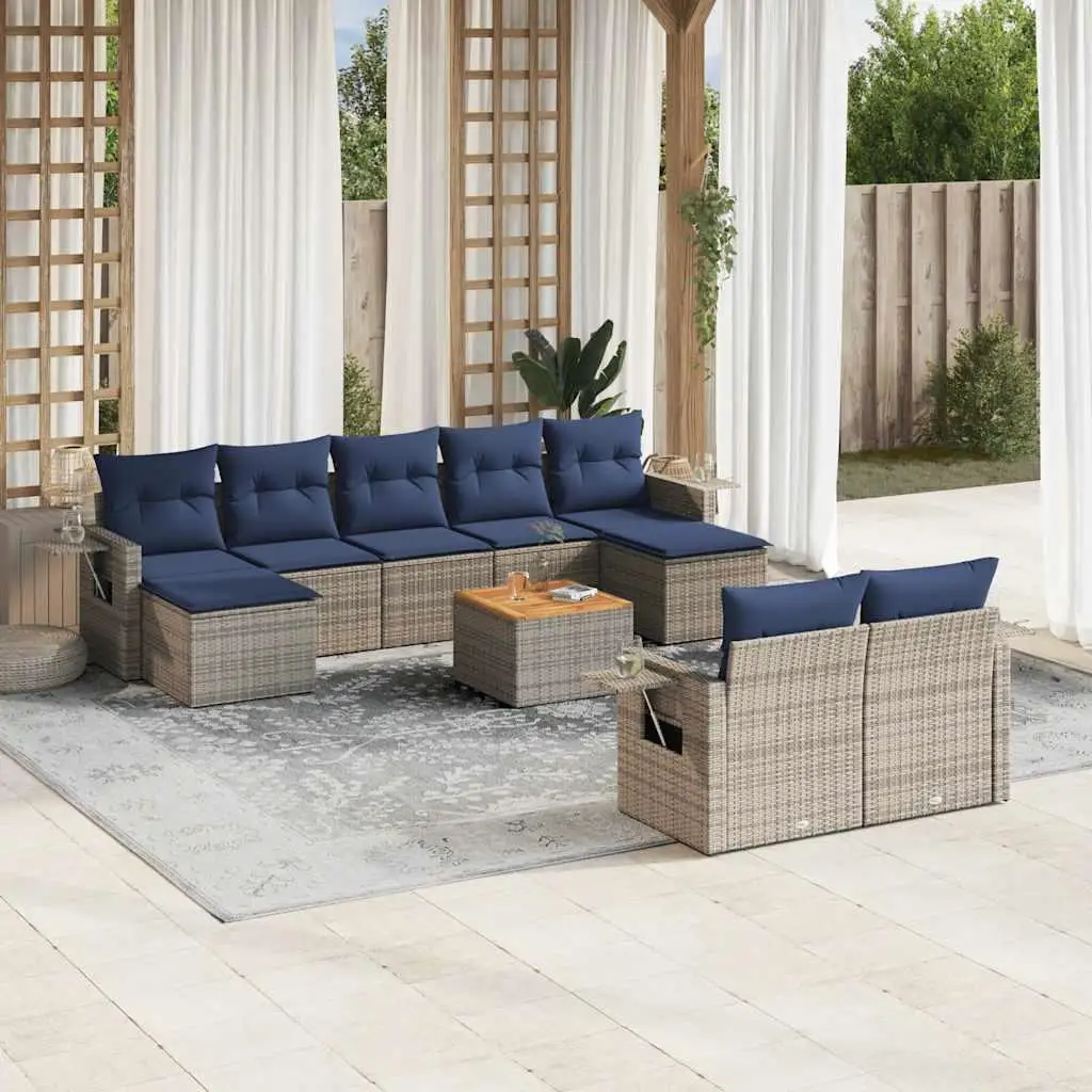 

10 Piece Gray Poly Rattan Patio Sofa Set with Cushions Outdoor Furniture Garden Lounge Seating