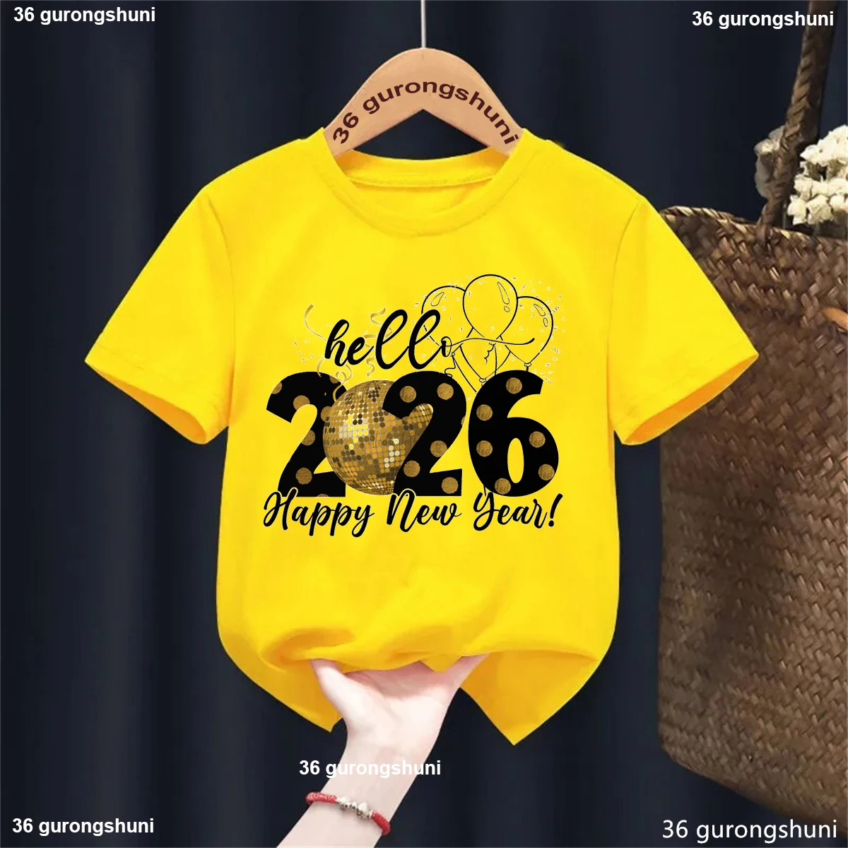 

Funny Hello 2026 Happy New Year Yellow T-shirt Boys Girls Kids Clothes Gfit Holiday Party Harajuku Short Sleeve Baby Tops Tee