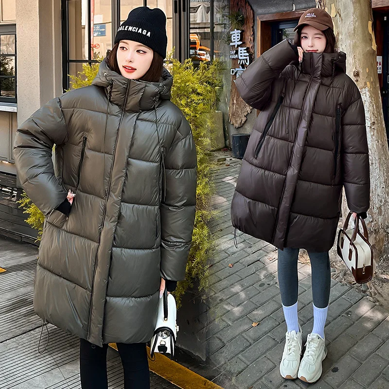 Women Parkas Loose Hooded Midi Coats Solid Full Sleeve Zipper Jackets Button Pockets Elegant Jacket Thick Warm Autumn Winter