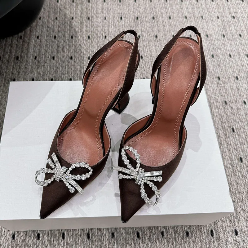 New 2025 Pointed Toe Satin High Heels Sandals Women's Rhinestone Bow Decor Sexy Sandalias Summer Dress Shoes Bridesmaid Shoes image 6