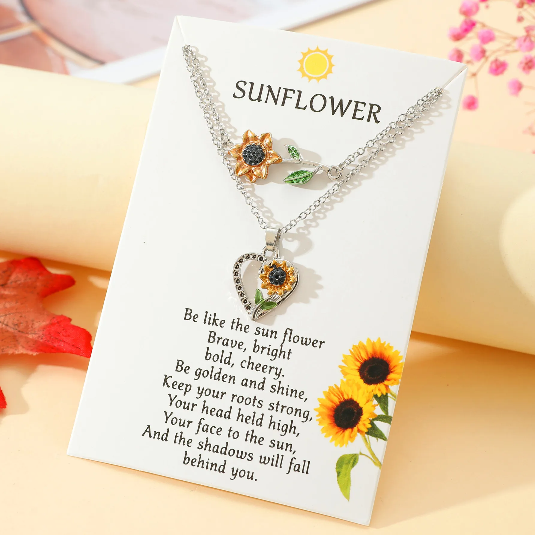 New Sunflower Pendant Necklace with Heart shaped Sunflower Drop Oil Double Layer Letter Blessing Jewelry Wholesale