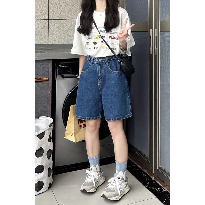 

High Waist Five-Quarter Denim orts Women's Sweet Cool Sle plus Size Loose Straight Leg Wide Leg Mid-Length Pants