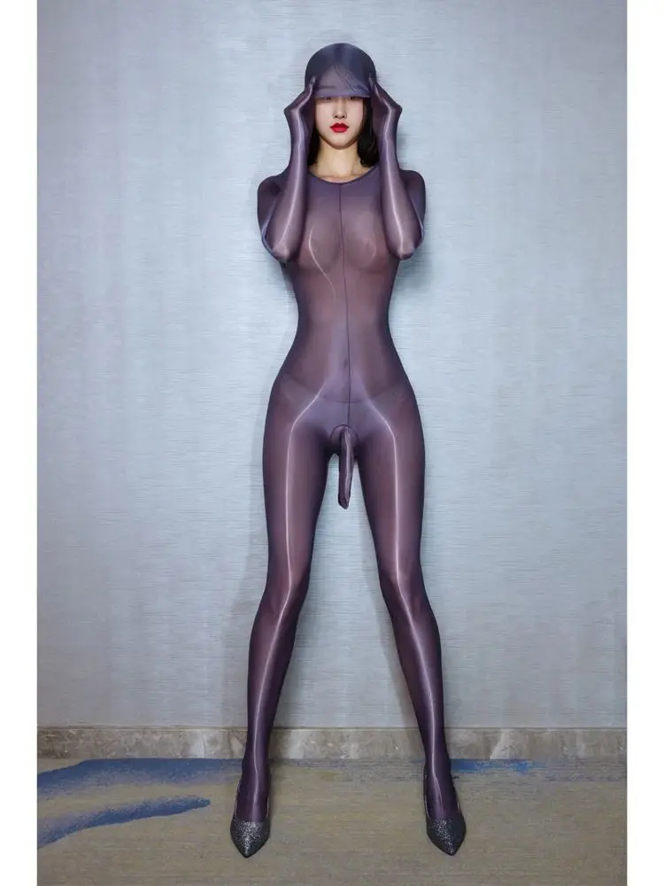 New Hooded Glossy Shiny Nylon Catsuit Encased Hand Bodystocking Penis Sheath Bodysuit Tights Leotard Conjoined Jumpsuit Unitard