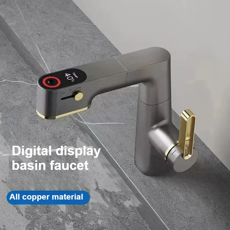 

Multifunctional Bathroom Faucets Pull Out Basin Mixer Sink Faucet All Copper with Adjustable Cold and Hot Water and Shower Head