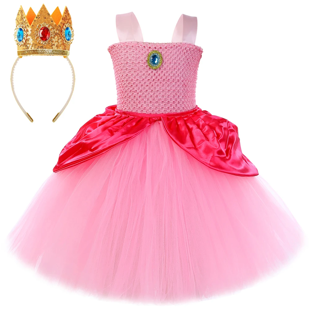 Super Peach Princess Dresses Girls Hot Pink Ballet Tutu Dress Kids New Year Outfit Birthday Party Clothes with Crown Magic Wand