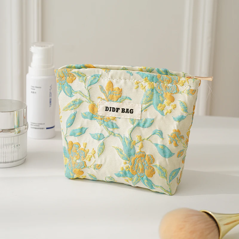 Women\'s Cosmetic Bag Small Yellow Flower Canvas Large Capacity Portable Cosmetic Lipstick Storage Bag Commuter Coin Purse Ins