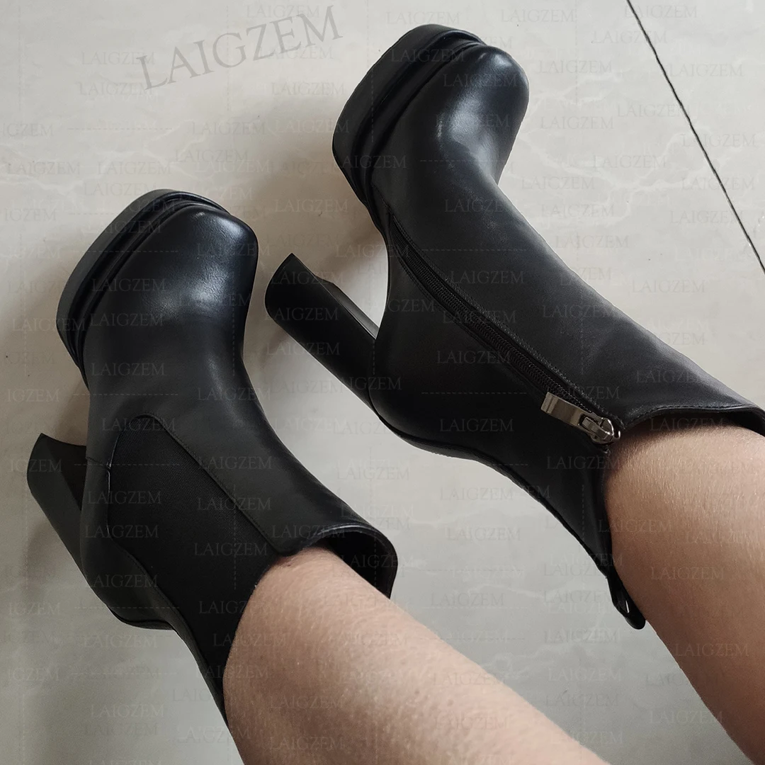 LAIGZEM damskie botki platforma boczny zamek grube szpilki Faux Leather krótkie botki Unisex buty kobieta duży rozmiar 38 41 44 46