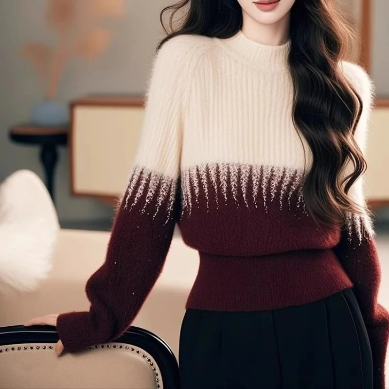 Autumn Winter Vintage Contrast Sweaters Women Fashion Comfortable Warm Pullovers Temperament Elegant Knitted Jumper E11595