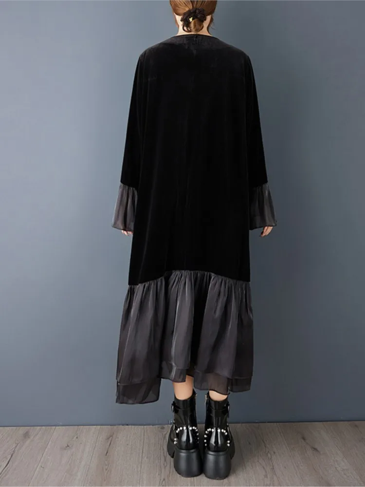 Robe surdimensionnée en velours pour femmes, rétro, Patchwork, évasée, manches longues, robes amples, printemps automne