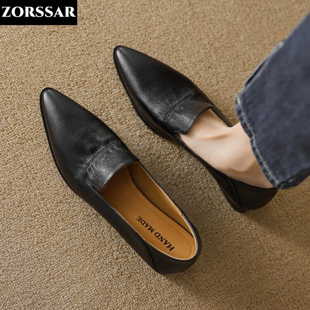 

2024 Fashion Slip On Loafers Genuine Leather Breathable Stretch Ballet Shallow Flats Women Soft Bottom Pointed Toe Boat Shoes