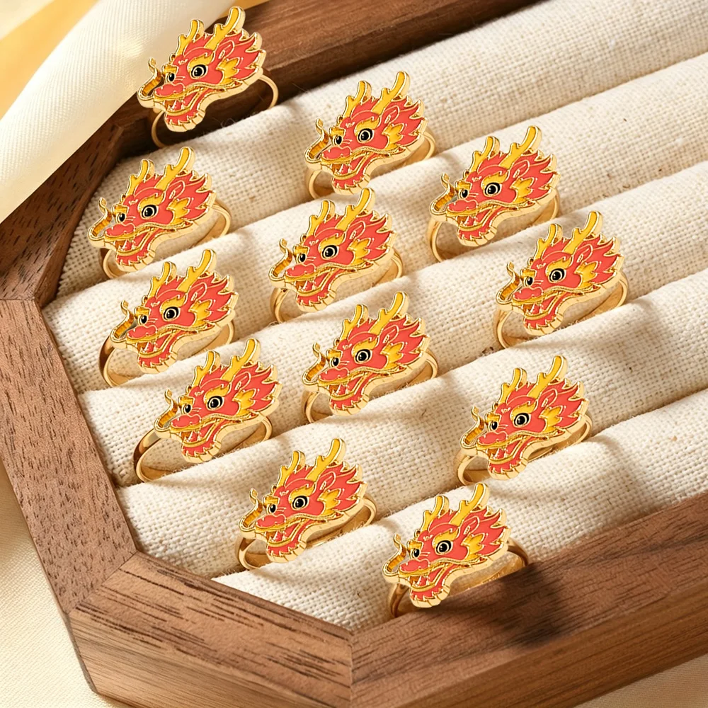 12Cute Cartoon Dragon Head Enamel Adjustable Open Finger Rings Chinese Myth Animal Pattern Children Jewelry Accessories Birthday Party Dress‑up Gift for Little Girls