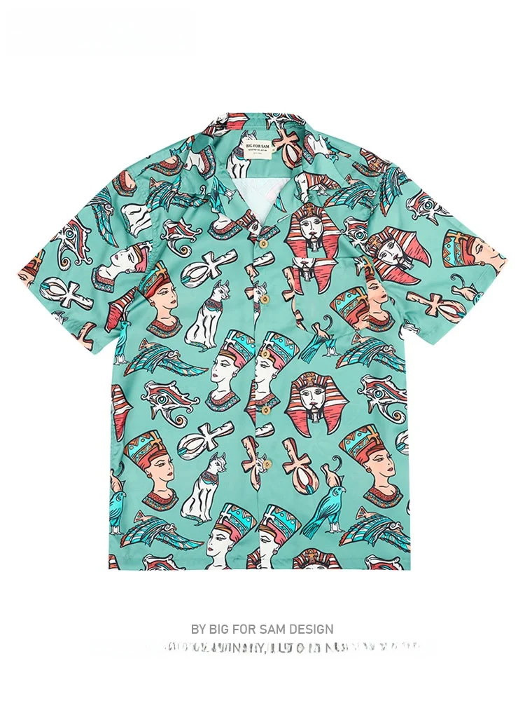 

Big for Sam Egyptian Print Hawaiian irt Men's American Retro Loose Cuban Collar ort Sve Floral irt Summer Youth Faion