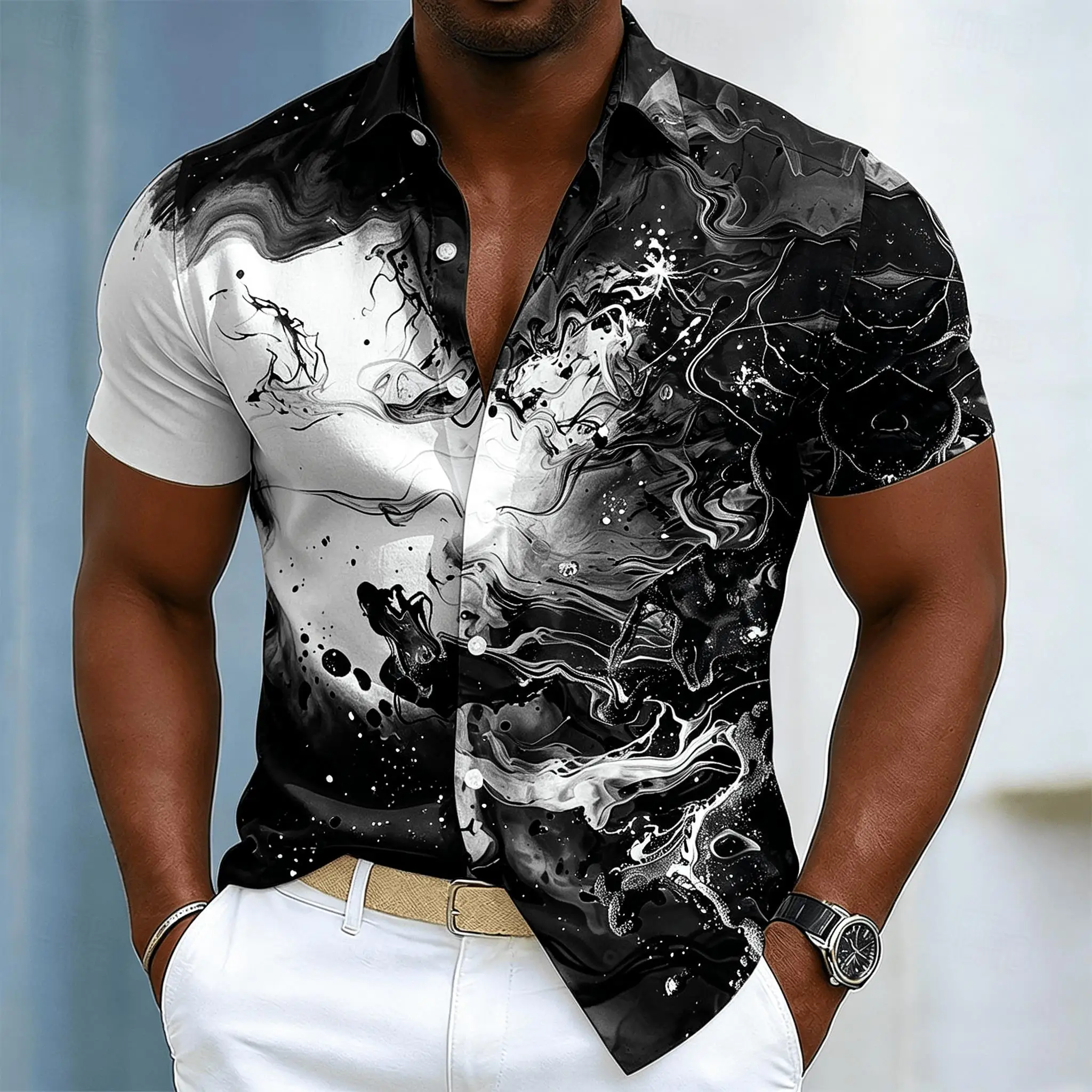 Men's Ink Swirl Art Print Short Sleeve Shirt, Casual Abstract Fluid Pattern Button Down for Spring & Summer