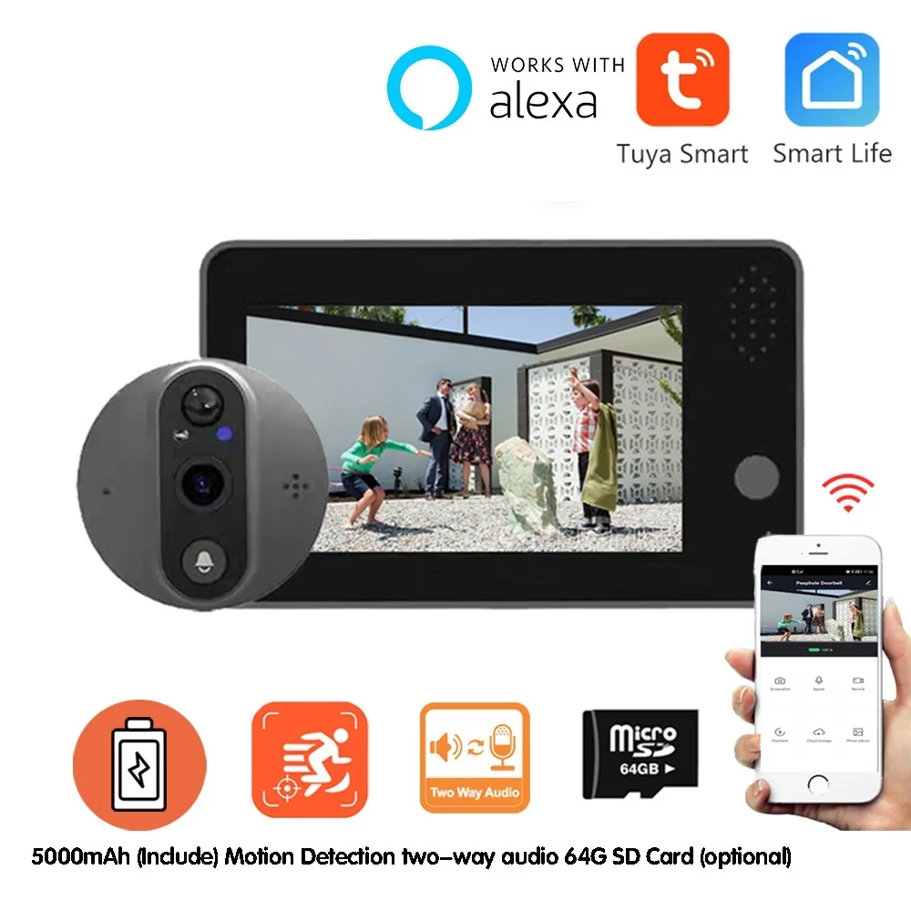 Top WiFi Smart 1080P Video Doorbell Peephole Camera Viewer Home Security Two-way Audio Night Vision Tuya Alexa WiFi Doorbell