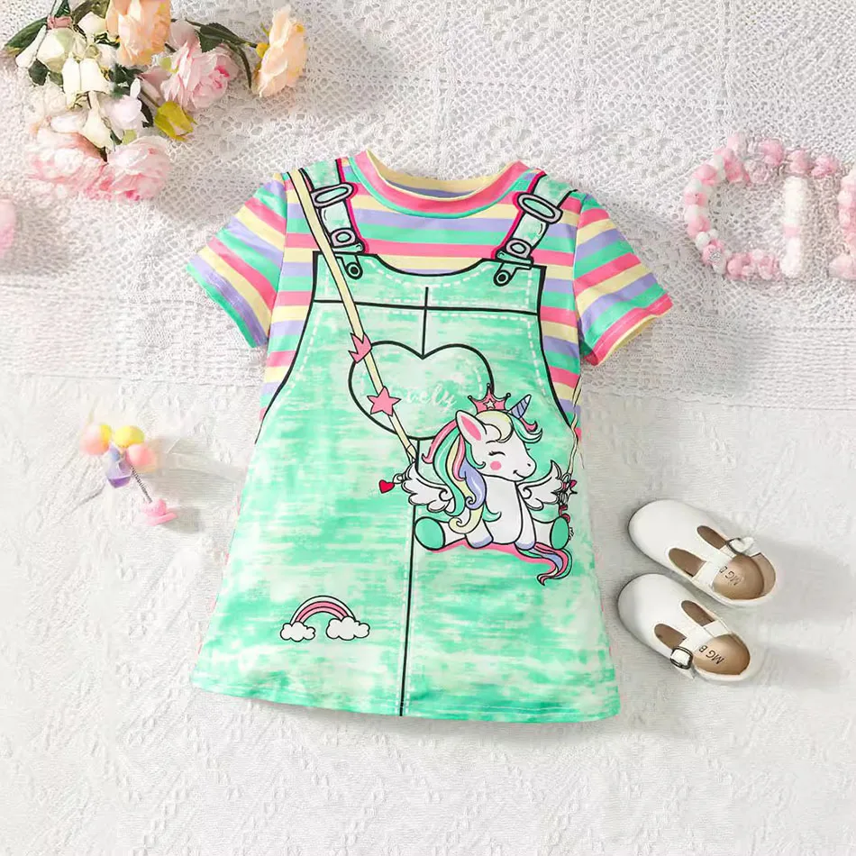 Girls Dresses Summer Unicorn Rainbow Stripe Print T-Shirt Style with Round Neck Cute and Comfortable Short Sleeve Dress