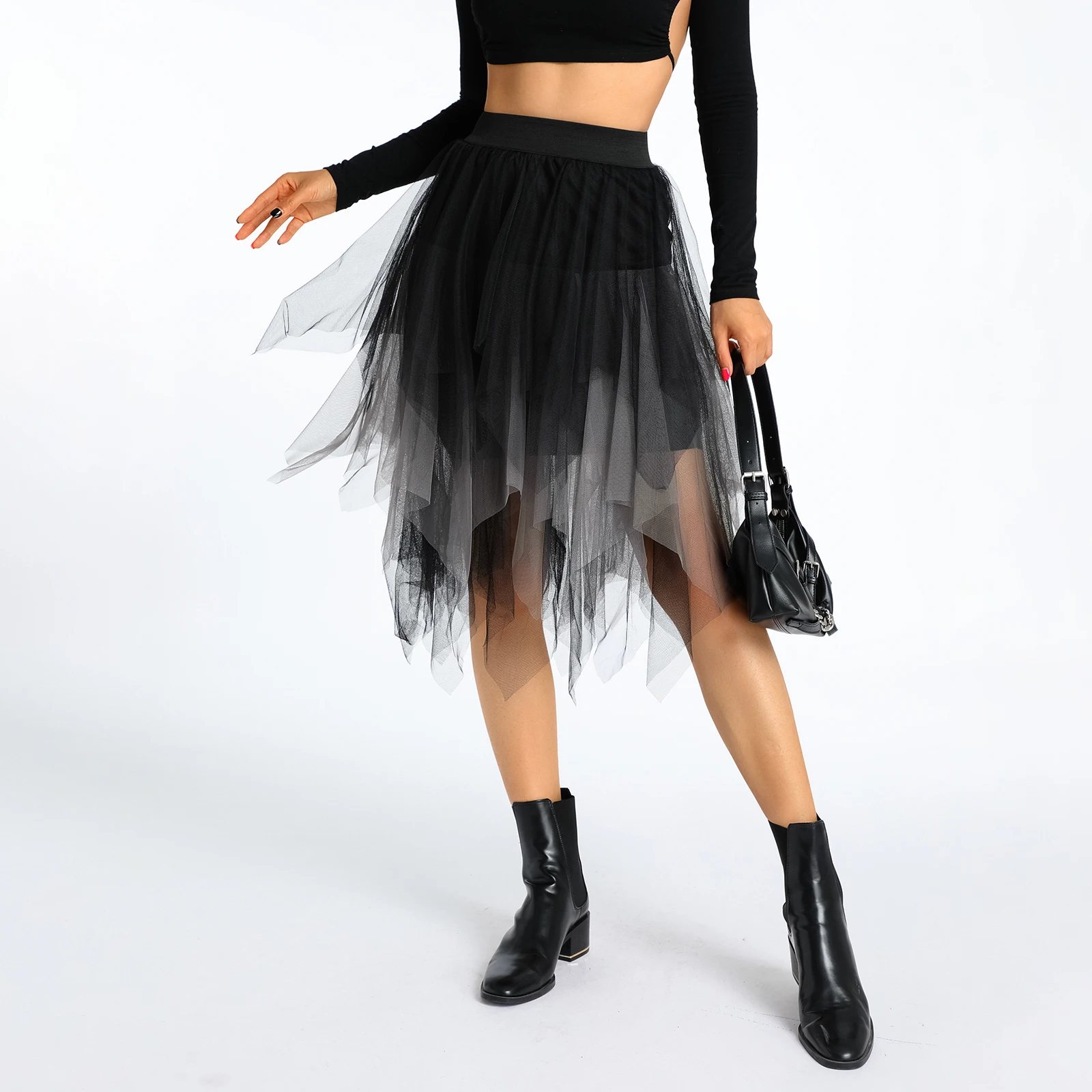 

Women Mesh Sheer Tulle Skirt Aesthetic Fairycore Contrast Color Elastic High Waist Irregular Hem Layered Pleated Tutu Skirts Y2k