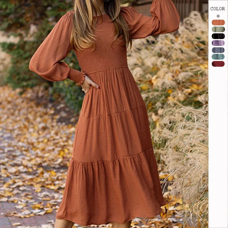 

Elegant Vintage Long Sleeve Maxi Dress for Women Spring and Summer Winter Fashion O-Neck Solid Color Hight Waist Sexy Long Dress