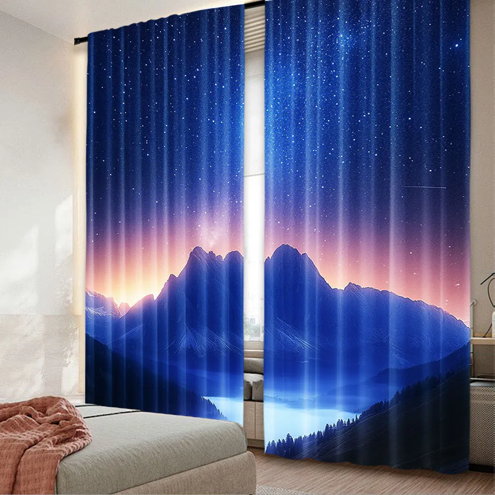 2Pcs Mountain Fog Milky Way Night Curtains Autumn Valley Purple Starry Sky Curtains Italy Art Curtains Suitable For Bedroom