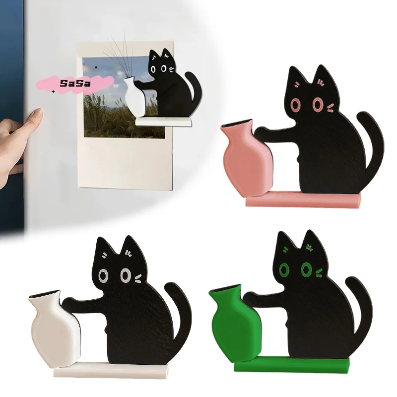 1Pc Black Cat Pushing Vase Decor Fridge Magnet Home Office Memorial Box Cat Whisker Collection Gift for Cat Lovers