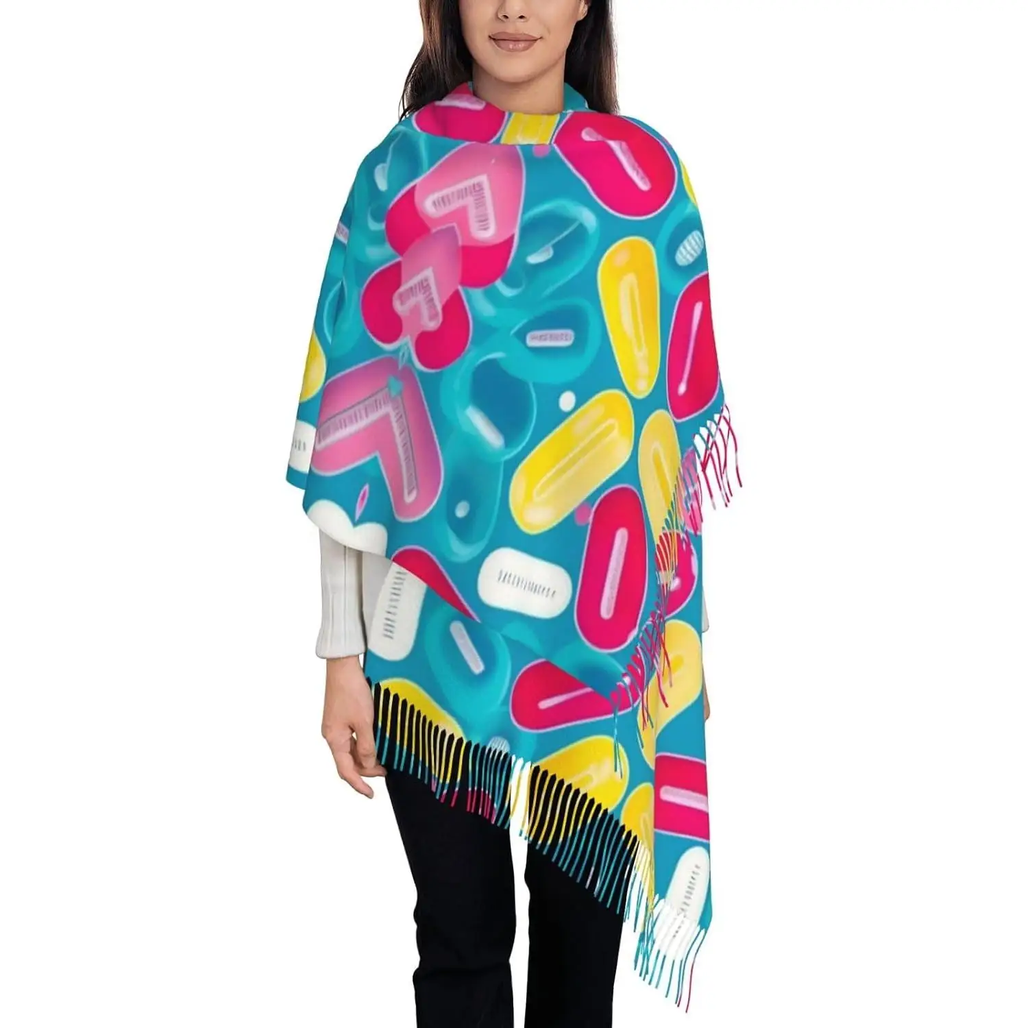 Uroczy szal z frędzlami z nadrukiem pielęgniarki, poziomy szal z frędzlami imitujący kaszmir, ciepły i modny na jesień i zimę, idealny na zimę.