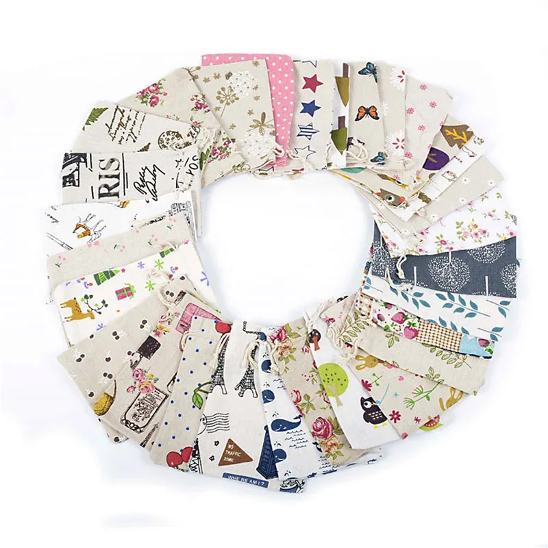 

50pcs/lot Drawstring Cotton Linen Pouches Printed With Cartoon Animals Jewelry Cosmetic Pouch Organizer Storage Bags Wholesale