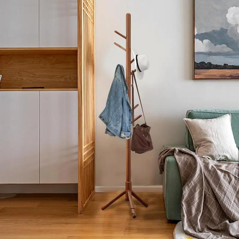 Wooden Freestanding Coat Racks Standing Coat Tree Clothes Tree Stand With 8 Hooks For Entryway Floor Standing Coat Hanger Stand