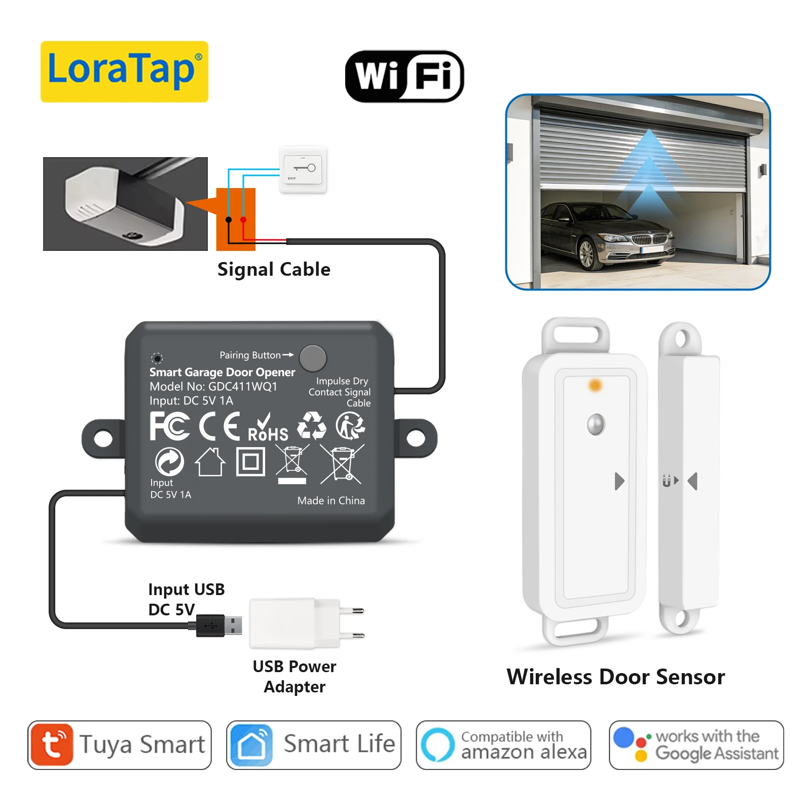 LoraTap Garage Door Opener Swtich Module with Wireless Door Sensor Smart Life Remote Control Work with Google Home Alexa