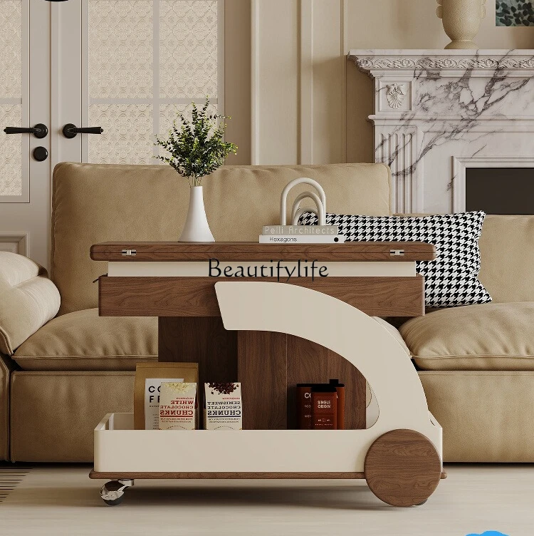 

*Multifunctional lifting coffee table dining table dual-purpose medieval black walnut movable folding trolley