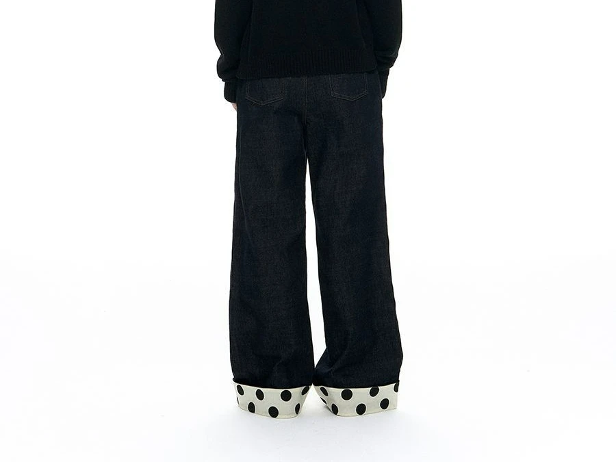 Polka Dot Splicing Loose Straight Jeans Flanged Design Casual Trousers Temperament Pants Wide-leg Trousers