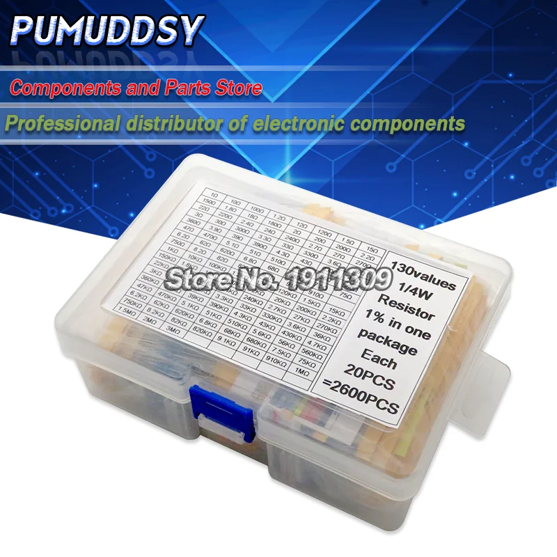 

2600 шт./лот 130 значения 1/4 Вт 0,25 Вт 1% Металлические пленочные резисторы, набор в ассортименте, набор резисторов, ассортимент, комплекты фиксированных резисторов