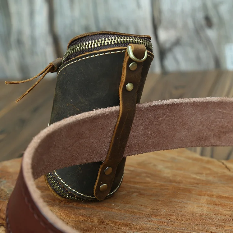 Vintage Creative Top Layer Crazy  Leather Key Case Zipper Car Key Cover Coin Purse Pure Cowhide Handheld  Bag