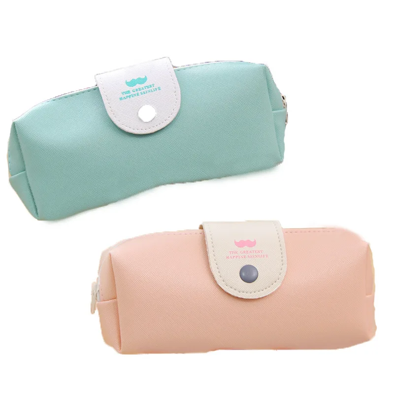 Simple Snap-button Pencil Case Small Fresh Beard PU Large-capacity Student Stationery Bag Pencil Case Storage