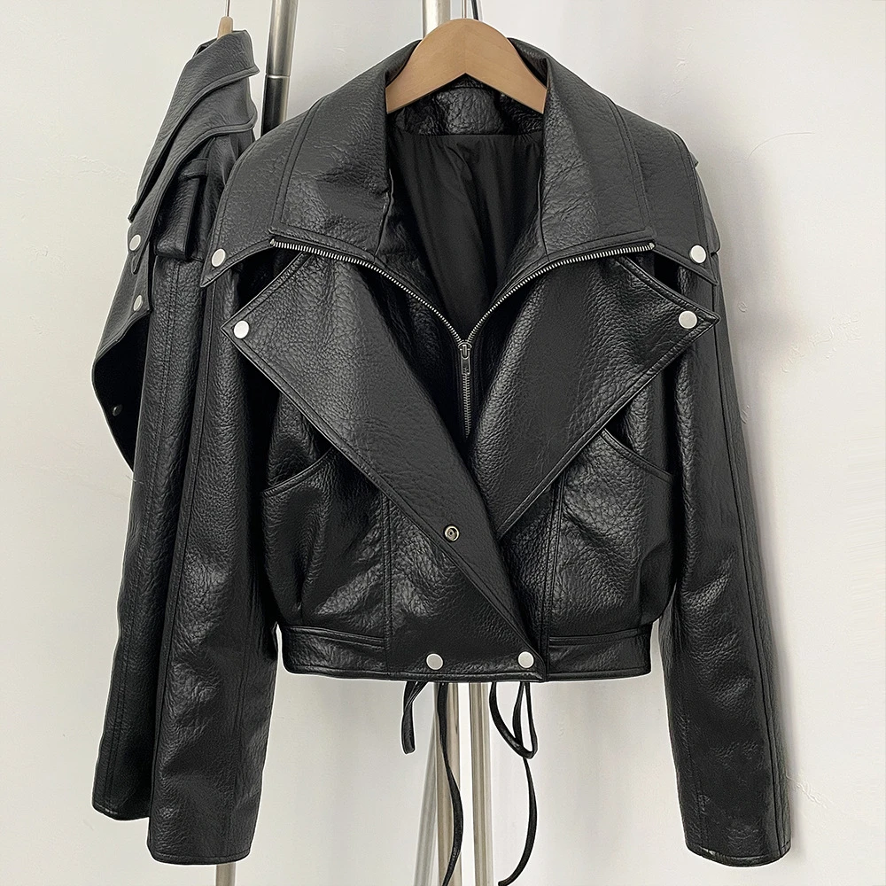 Cropped Faux Leather Jacket Women Back Lace-up Drawstring Moto Biker Coat Oversized Lapel Zipper Short Black Leather Outwear
