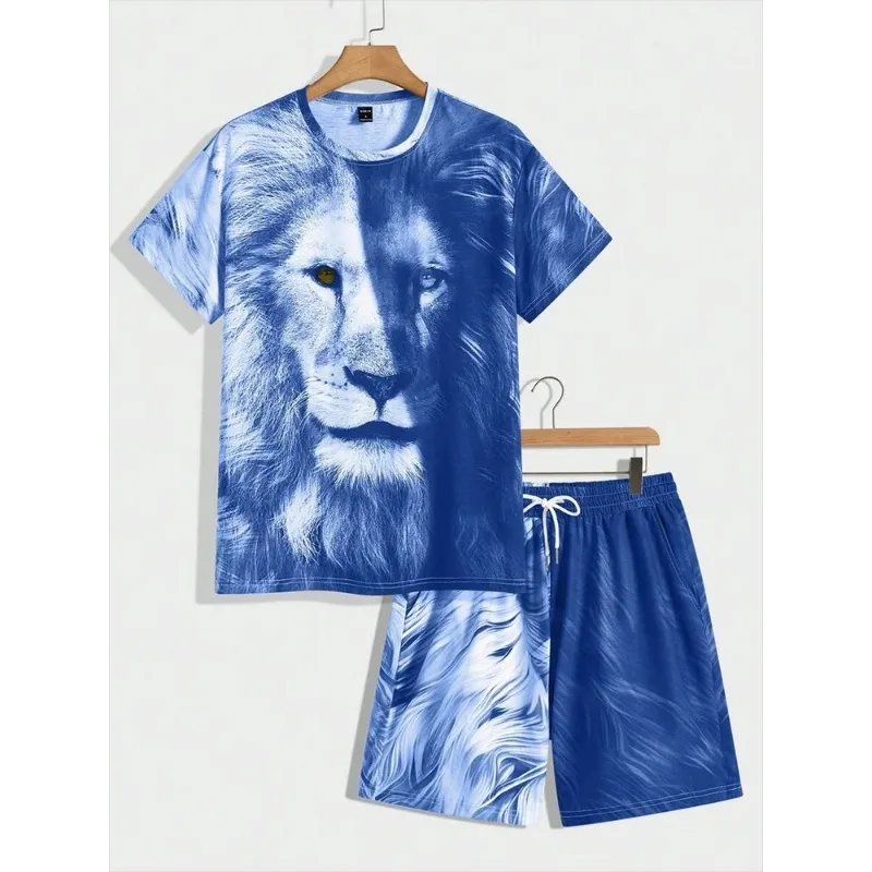 2025 Fashion 3D Printing Lion Print Summer Daily Casual Men's Sports Short Sleeved Shorts Street Trendy Set