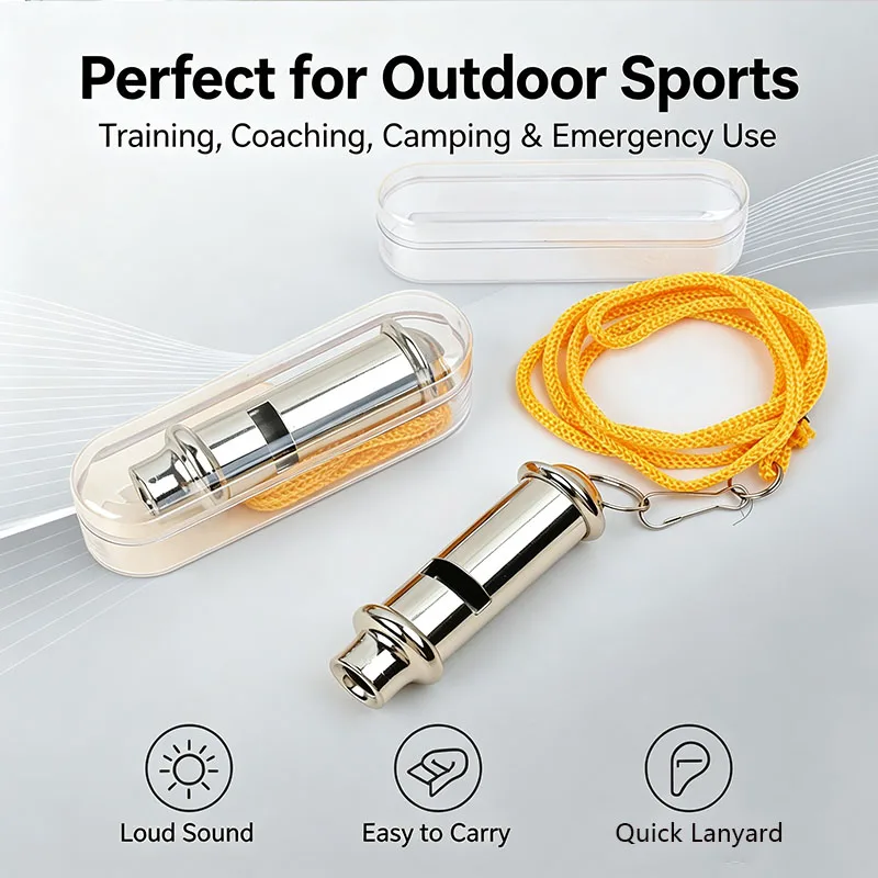 Stainless Steel Cylindrical Referee Whistle with Lanyard & Storage Box Loud Sports Whistle for Coach Training Outdoor Survival
