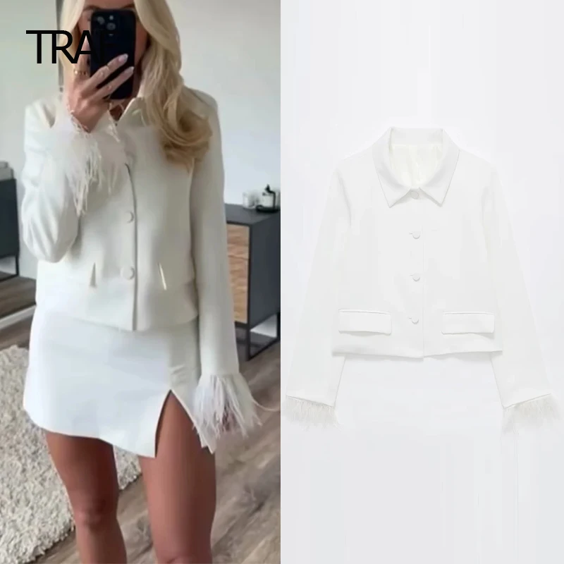 

TRAF White Lapel Collar Long Sleeve Blazer Women's Blazers Spring Summer 2024 Cropped Feather Blazer New In Coats Elegant Blazer