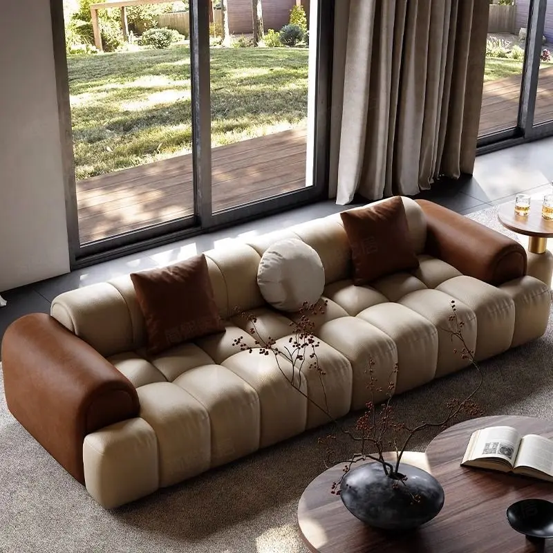 Leather sofa, Italian minimalism, small apartment living room, retro piano keys, straight row casual high-end sofa