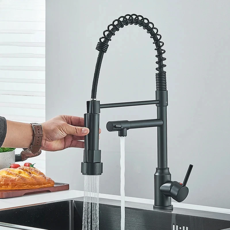 Black Kitchen Sink Faucet Pull Down Hot and Cold Water Mixer2 Mode Tap with Dual Spout 360 Rotation Flexible Deck Mounted