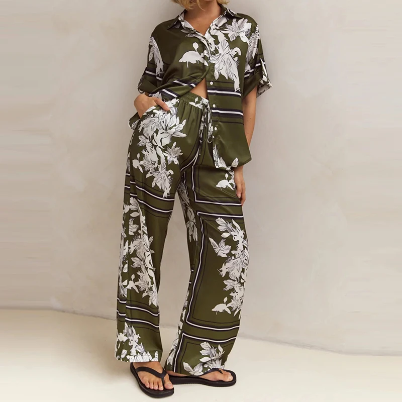 

Casual Pattern Printed Comfort Home Clothes Female Lapel Short Sleeved Top and Pants Summer Suits Fashion High Street Loose Set