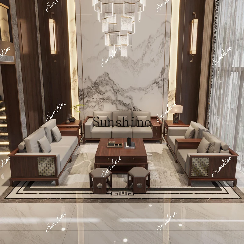 

New Chinese-style solid wood combination villa large flat-floor living room modern simple furniture soft sofa FT