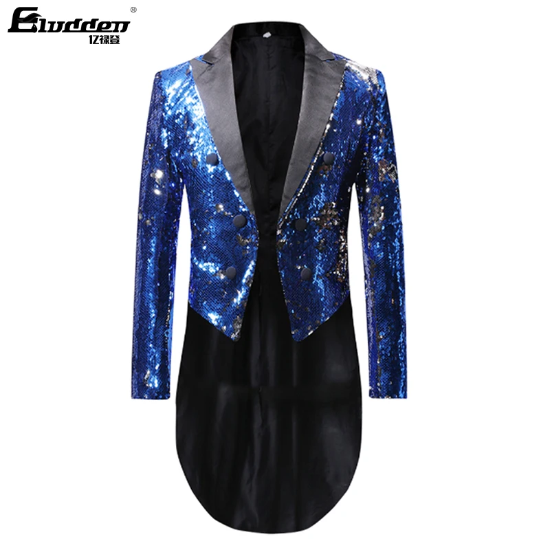 Men\'s Shiny double sided color Sequins Tuxedo Jacket Slim Fit Tailcoat Dress Coat Swallowtail Dinner Party Wedding Suit Jackets