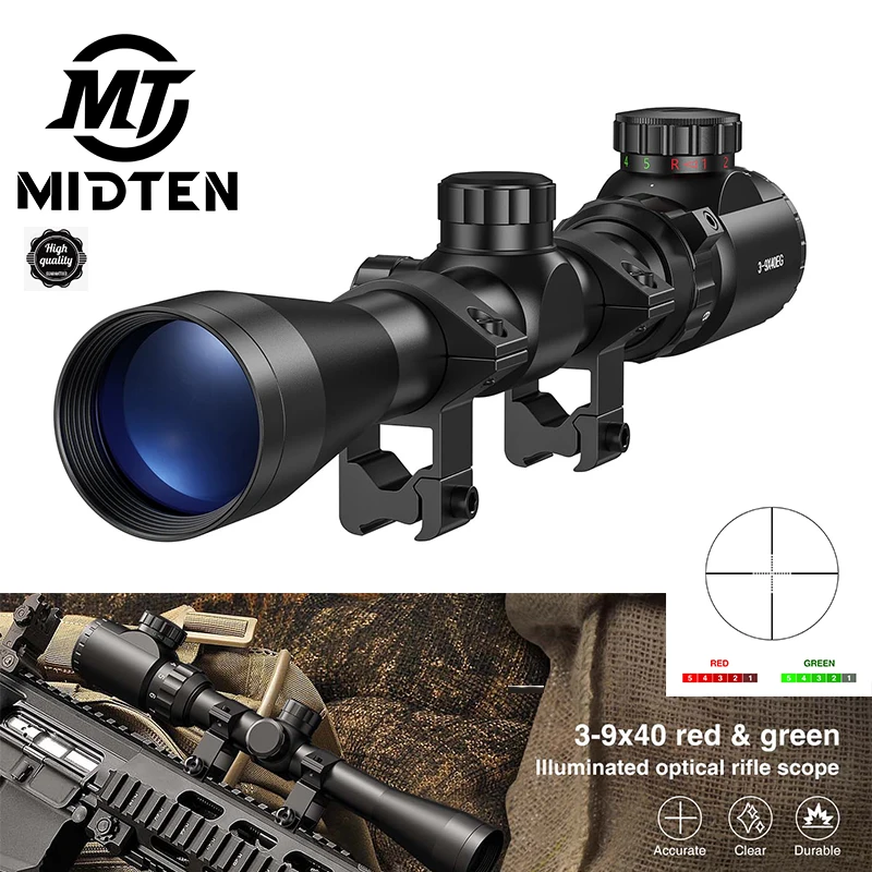 

MidTen Rifle Scope 3-9x40 Red & Green Illuminated Optical Mil-dot Reticle Riflescope For Hunting with Free Mounts 5 level bright