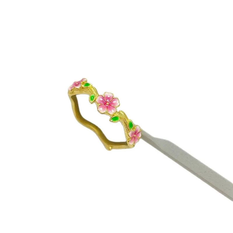 خاتم ذهبي فاخر خفيف على طراز المحكمة ثلاثي الأبعاد على شكل زهرة المينا وزهر الخوخ للنساء، خاتم أنيق قابل للتعديل